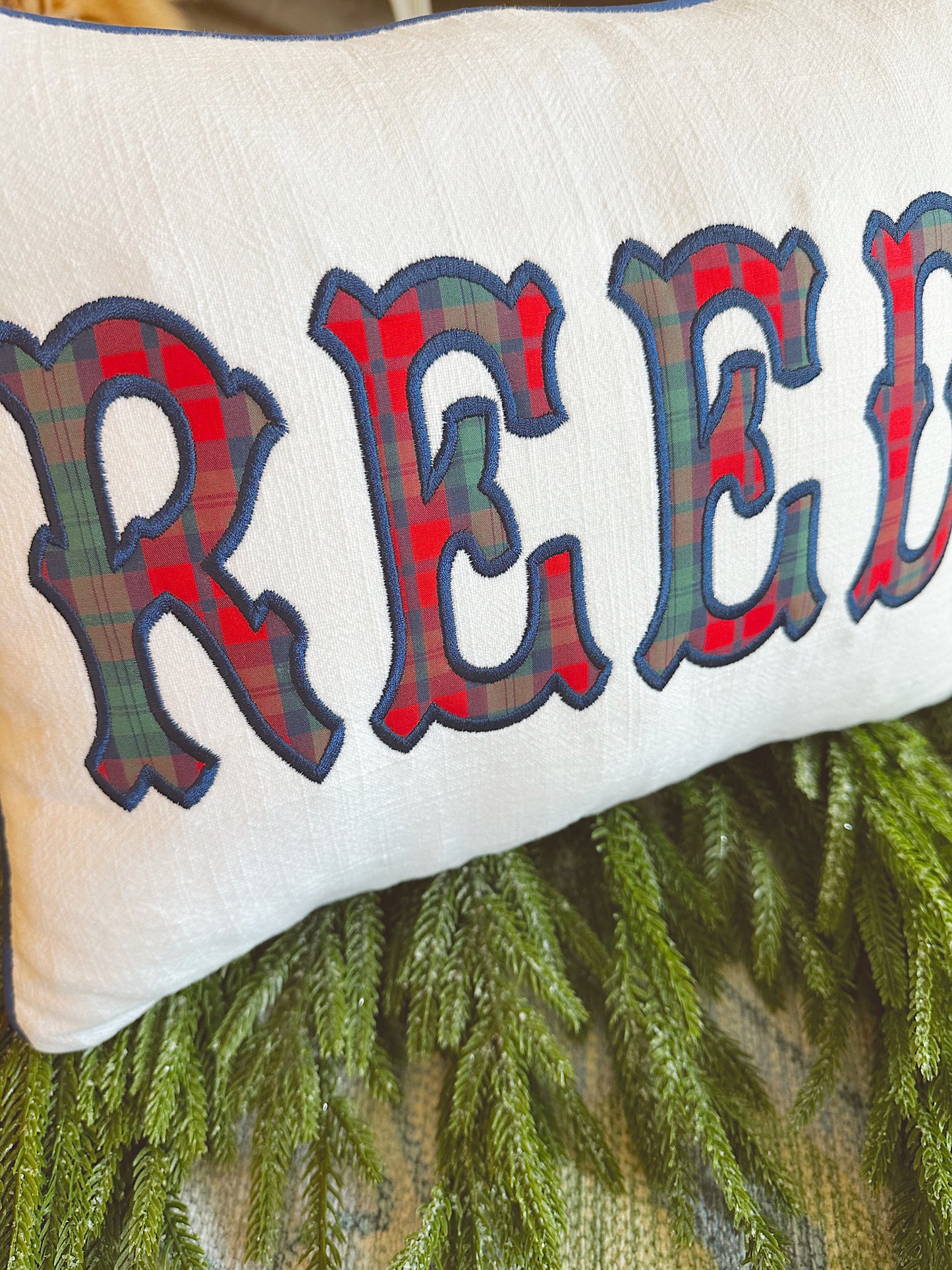 Personalized Plaid Christmas Name Pillow
