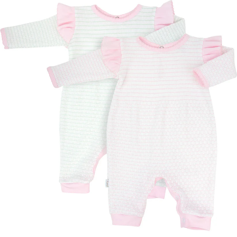 Pinstripe Angel Sleeve Romper with Pima Trim