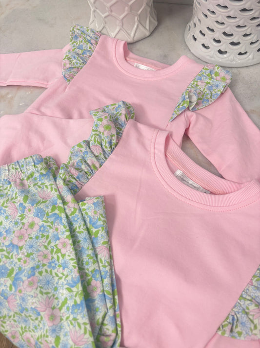 Pink Angel Sleeve Floral Pant Set