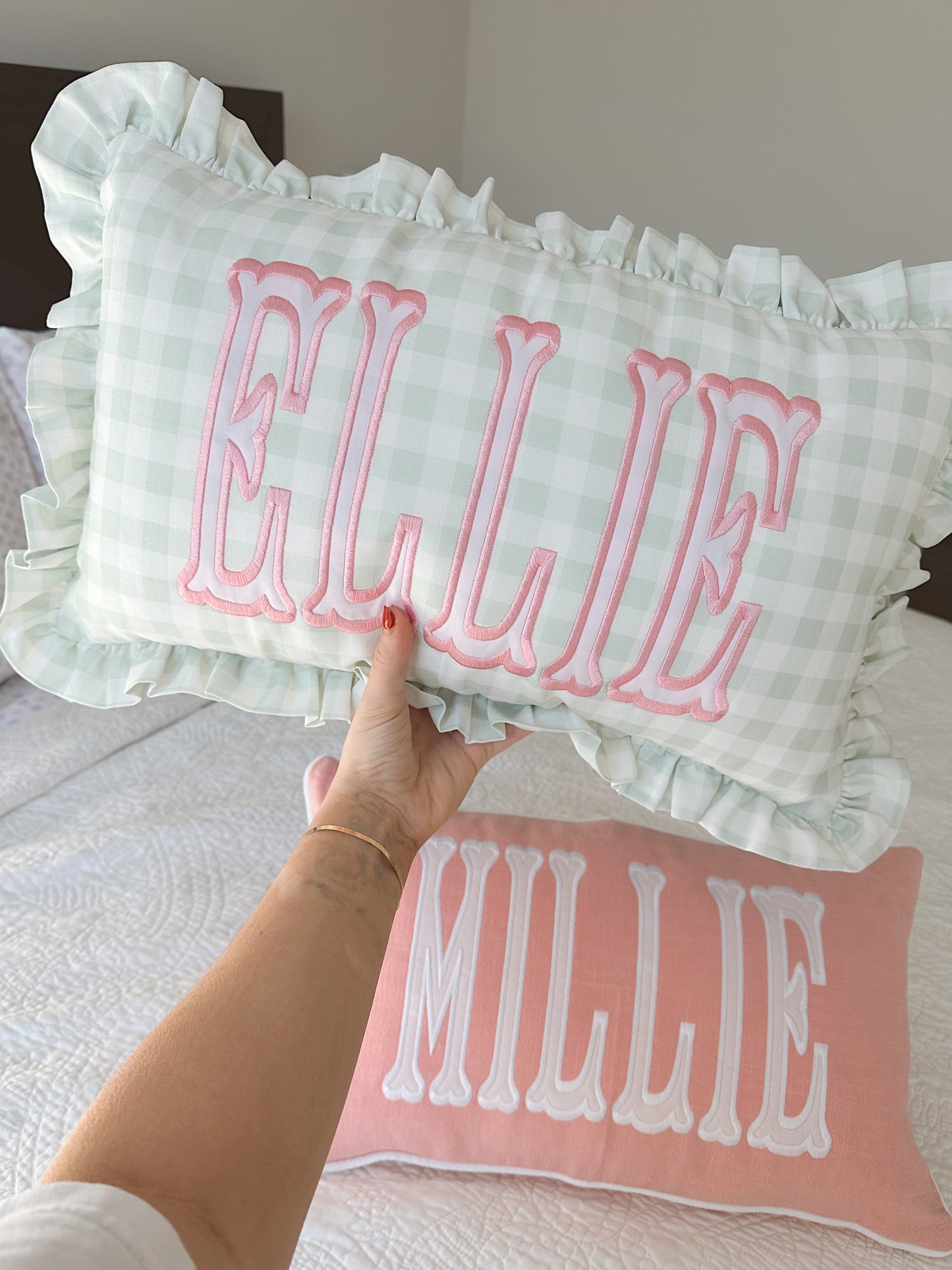 Gingham ruffle pillow