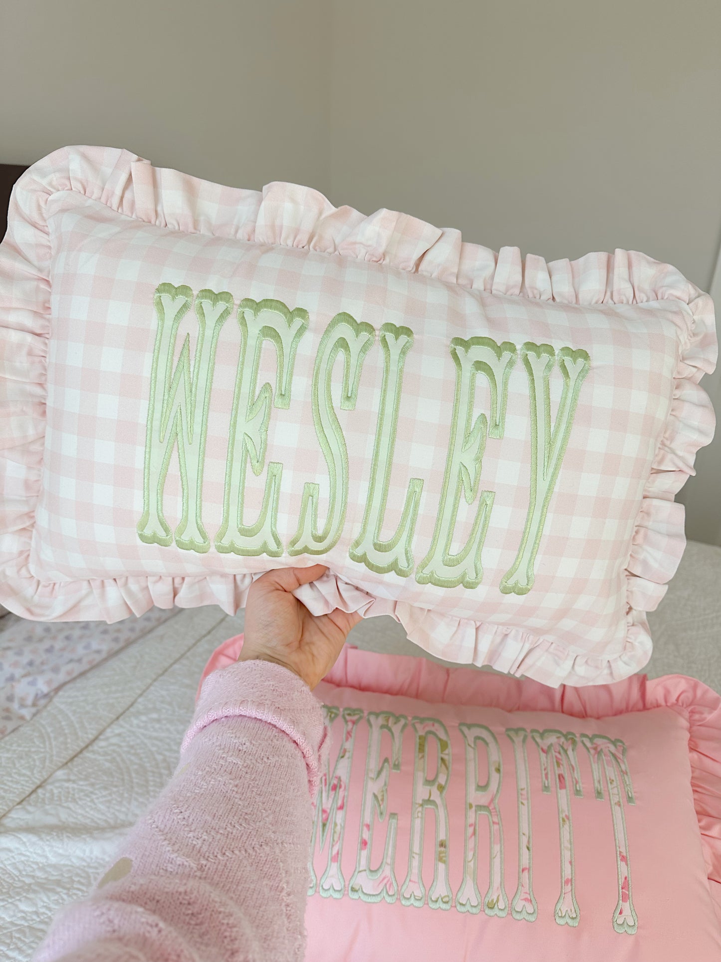 Gingham ruffle pillow
