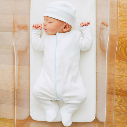 Magnolia Baby Solid Essentials White Footie  with Light Blue Trim